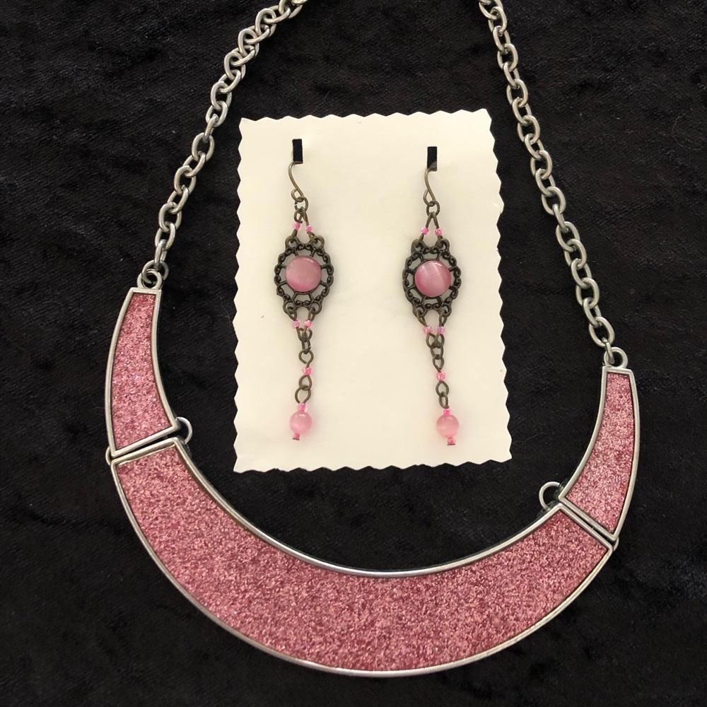 Pink Sparkle Silver Tone Chocker Bib Necklace Earring Set- Crescent Half Moon